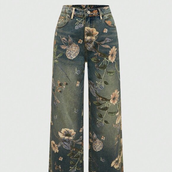 Blue Casual Women's Floral Printed Washed Loose Wide Leg Jeans - Picture 5 of 5